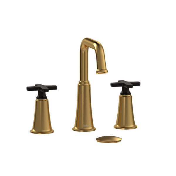 Momenti Widespread Lavatory Faucet with U-Spout 1.0 GPM - Brushed Gold and Black with X-Shaped Handles | Model Number: MMSQ08XBGBK-10 - Product Knockout