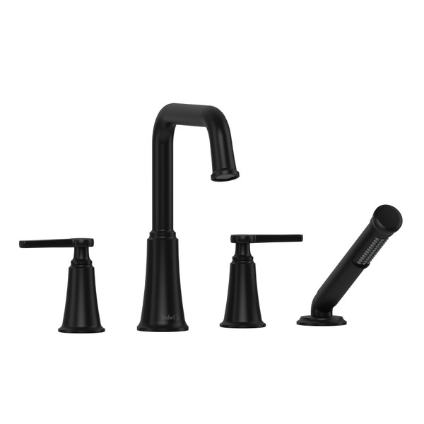 Momenti 4-Hole Deck Mount Tub Filler with U-Spout  - Black with J-Shaped Handles | Model Number: MMSQ12JBK - Product Knockout