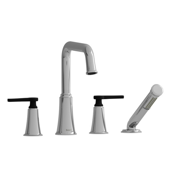 Momenti 4-Hole Deck Mount Tub Filler with U-Spout  - Chrome and Black with J-Shaped Handles | Model Number: MMSQ12JCBK - Product Knockout