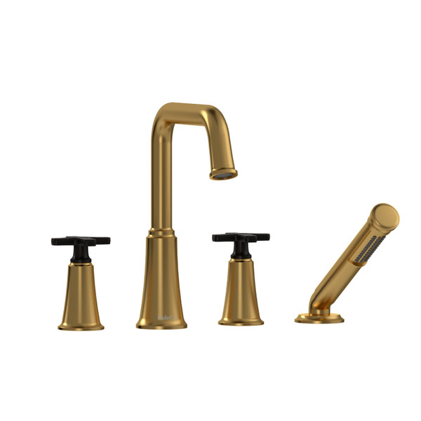 Momenti 4-Hole Deck Mount Tub Filler with U-Spout  - Brushed Gold and Black with X-Shaped Handles | Model Number: MMSQ12XBGBK - Product Knockout