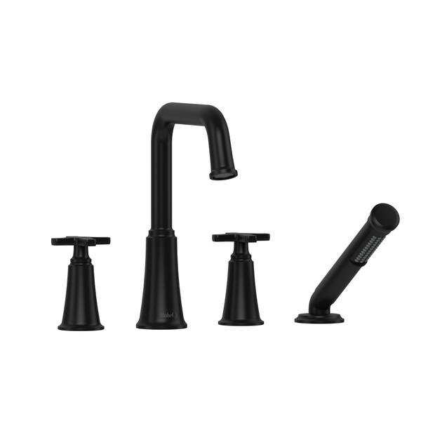 Momenti 4-Hole Deck Mount Tub Filler with U-Spout  - Black with X-Shaped Handles | Model Number: MMSQ12XBK - Product Knockout