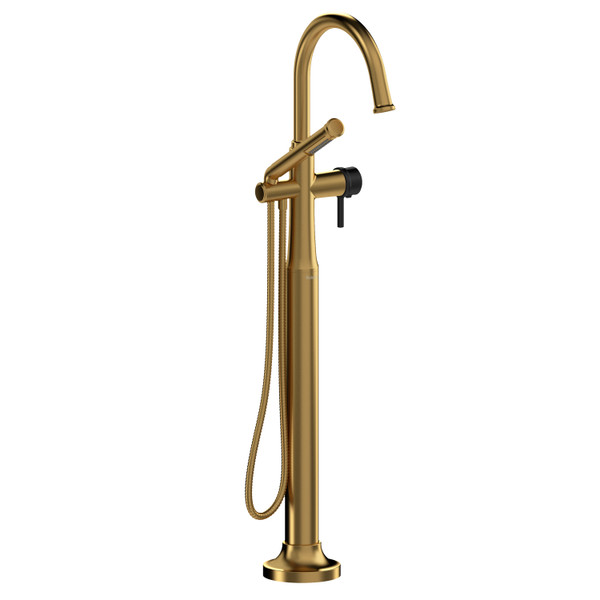 Momenti Single Hole Floor Mount Tub Filler Trim with C-Spout  - Brushed Gold and Black with Lever Handles | Model Number: TMMRD39LBGBK - Product Knockout