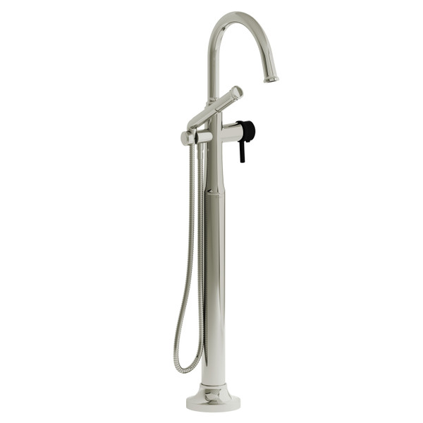 Momenti Single Hole Floor Mount Tub Filler Trim with C-Spout  - Polished Nickel and Black with Lever Handles | Model Number: TMMRD39LPNBK - Product Knockout