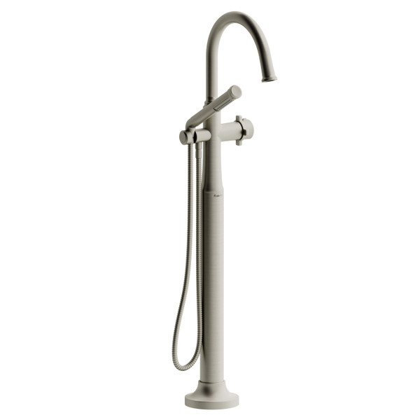 Momenti Single Hole Floor Mount Tub Filler Trim with C-Spout  - Brushed Nickel with X-Shaped Handles | Model Number: TMMRD39XBN - Product Knockout