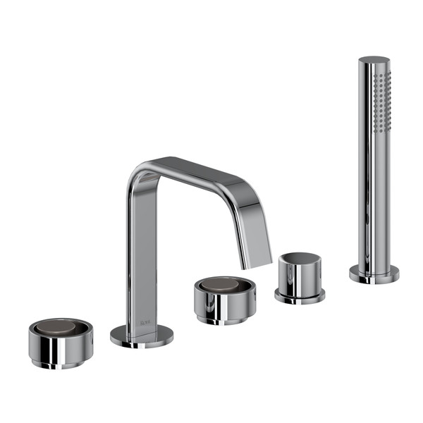 Eclissi 5-Hole Deck Mount Tub Filler - U-Spout - Polished Chrome with Satin Nickel Accent with Circular Handle | Model Number: EC05D5IWPCN - Product Knockout