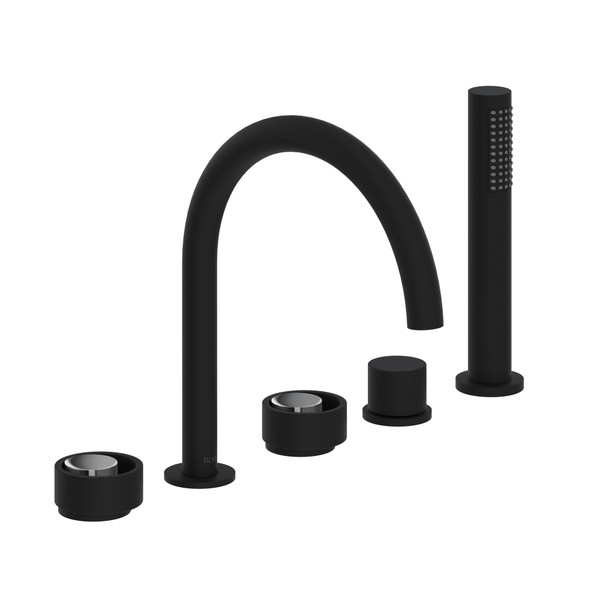 Eclissi 5-Hole Deck Mount Tub Filler - C-Spout - Matte Black with Polished Chrome Accent with Circular Handle | Model Number: EC06D5IWMBC - Product Knockout