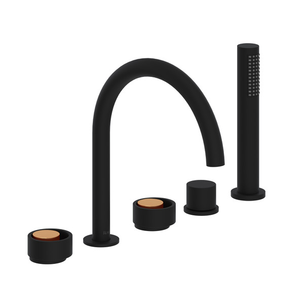Eclissi 5-Hole Deck Mount Tub Filler - C-Spout - Matte Black with Satin Gold Accent with Circular Handle | Model Number: EC06D5IWMBG - Product Knockout
