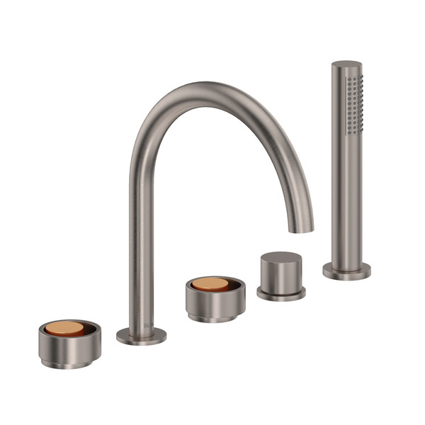 Eclissi 5-Hole Deck Mount Tub Filler - C-Spout - Satin Nickel with Satin Gold Accent with Circular Handle | Model Number: EC06D5IWSNG - Product Knockout