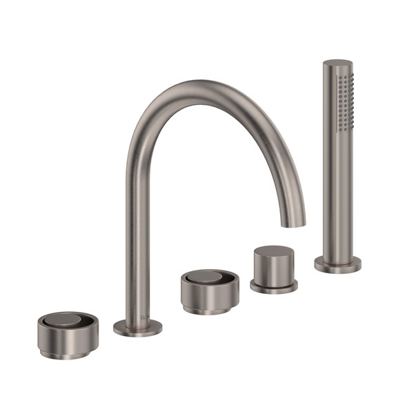 Eclissi 5-Hole Deck Mount Tub Filler - C-Spout - Satin Nickel with Circular Handle | Model Number: EC06D5IWSTN - Product Knockout