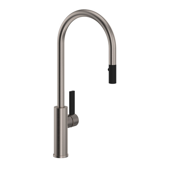 Tuario Pulldown Faucet - C Spout - Satin Nickel with Matte Black Accents with Lever Handle | Model Number: TR55D1LBSTN - Product Knockout