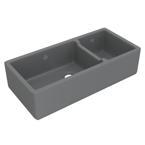 DISCONTINUED Lancaster™ 40" Double Bowl Farmhouse Apron Front Fireclay Kitchen Sink - Matte Grey | Model Number: RC4019MG