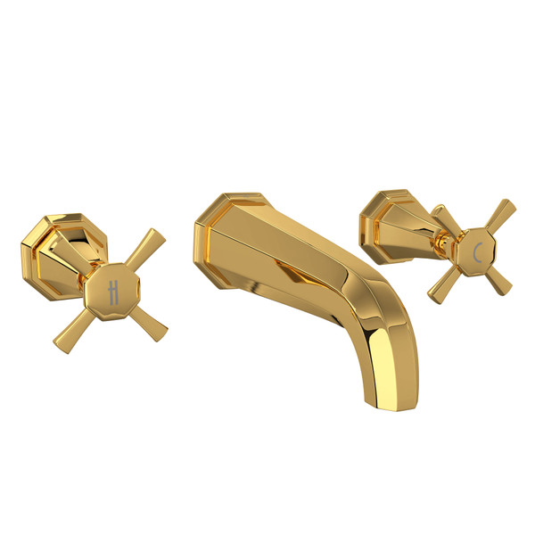 Perrin & Rowe Deco Wall Mount Widespread Bathroom Faucet - Unlacquered Brass  with Cross Handle