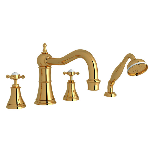 Georgian Era 4-Hole Deck Mount Column Spout Tub Filler with Handshower - Unlacquered Brass with Cross Handle | Model Number: U.3748X-ULB - Product Knockout