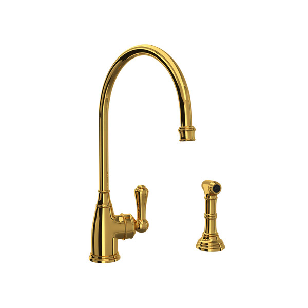 Georgian Era Single Lever Single Hole Kitchen Faucet with Sidespray - Unlacquered Brass with Metal Lever Handle | Model Number: U.4702ULB-2 - Product Knockout