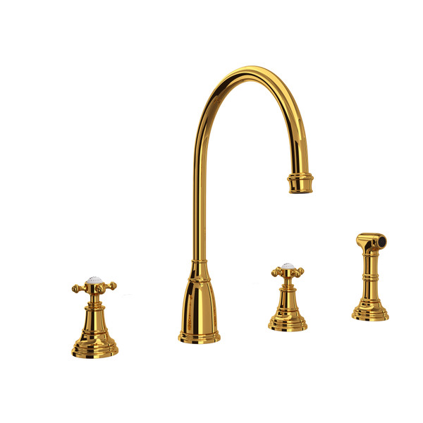 Georgian Era™ Two Handle Kitchen Faucet With Side Spray - Unlacquered Brass | Model Number: U.4735X-ULB-2
