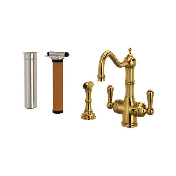 Edwardian Filtration 2-Lever Kitchen Faucet with Sidespray - Unlacquered Brass with Metal Lever Handle | Model Number: U.KIT1570LS-ULB-2 - Product Knockout