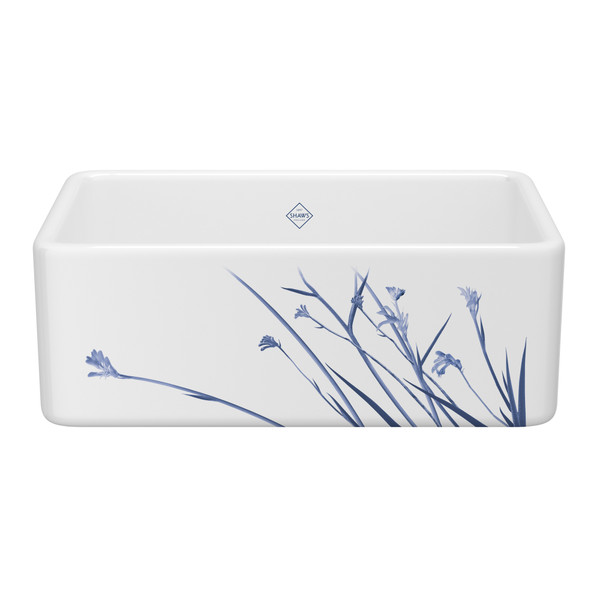 30 Inch Shaker Single Bowl Farmhouse Apron Front Fireclay Kitchen Sink With Wild Grass Design - White With Design | Model Number: MS3018WHWGBL - Product Knockout