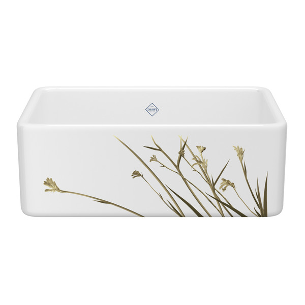 30 Inch Shaker Single Bowl Farmhouse Apron Front Fireclay Kitchen Sink With Wild Grass Design - White With Design | Model Number: MS3018WHWGGO - Product Knockout