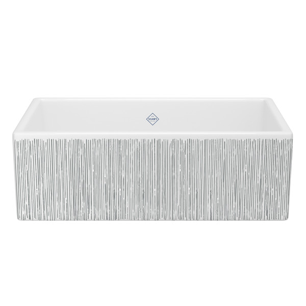 Shaker™ 33" Single Bowl Farmhouse Apron Front Fireclay Kitchen Sink With Lines Design - Lines in Silver | Model Number: MS3318WHLNSI