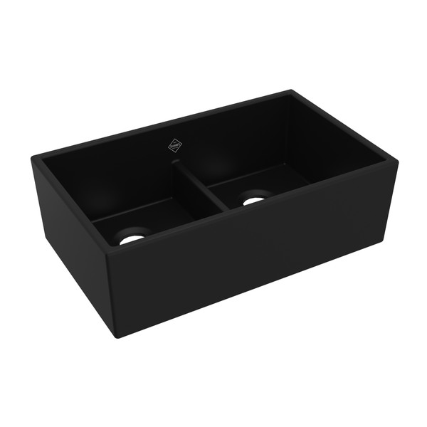 DISCONTINUED Shaker™ 33" Low Divide Double Bowl Apron Front Fireclay Kitchen Sink - Matte Black | Model Number: MS3320MB