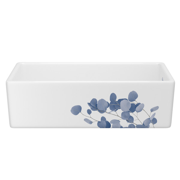 Shaker™ 36" Single Bowl Farmhouse Apron Front Fireclay Kitchen Sink With Eucalyptus Design - Eucalyptus in Blue/Silver | Model Number: MS3618WHECBS