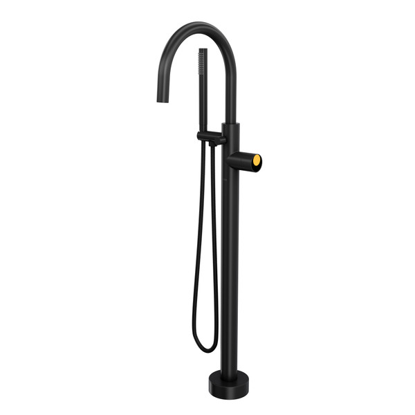 Eclissi Single Hole Floor Mount Tub Filler Trim with C-Spout - Matte Black/Satin Gold | Model Number: TEC06F1IWMBG - Product Knockout