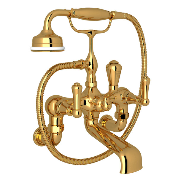 Georgian Era Exposed Wall Mount Tub Filler with Handshower - Unlacquered Brass with Metal Lever Handle | Model Number: U.3006LS/1-ULB - Product Knockout