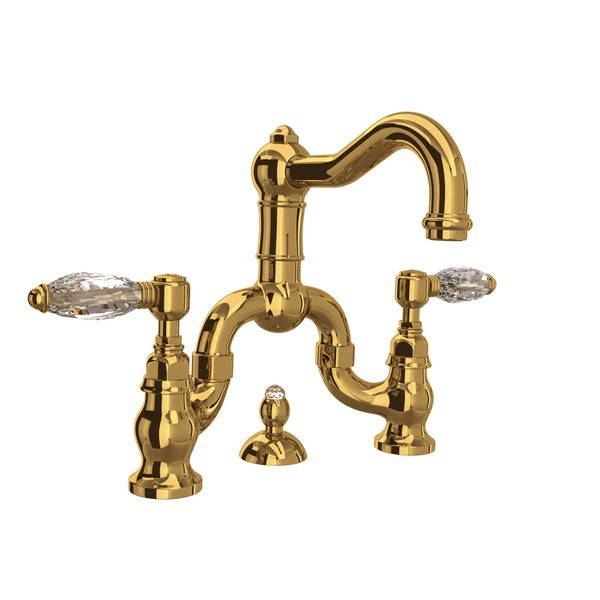 Acqui Deck Mount Bridge Bathroom Faucet - Unlacquered Brass with Crystal Metal Lever Handle | Model Number: A1419LCULB-2 - Product Knockout