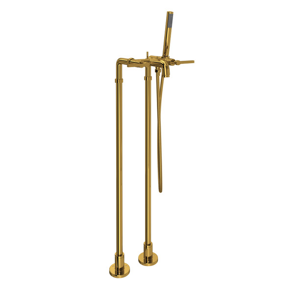 Lombardia Exposed Floor Mount Tub Filler with Handshower and Floor Pillar Legs or Supply Unions - Unlacquered Brass with Metal Lever Handle | Model Number: AKIT2202NLMULB - Product Knockout