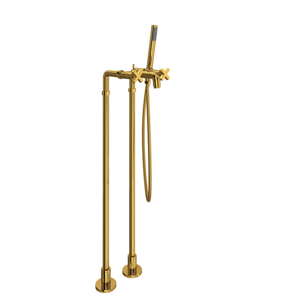 Lombardia Exposed Floor Mount Tub Filler with Handshower and Floor Pillar Legs or Supply Unions - Unlacquered Brass with Cross Handle | Model Number: AKIT2202NXMULB - Product Knockout