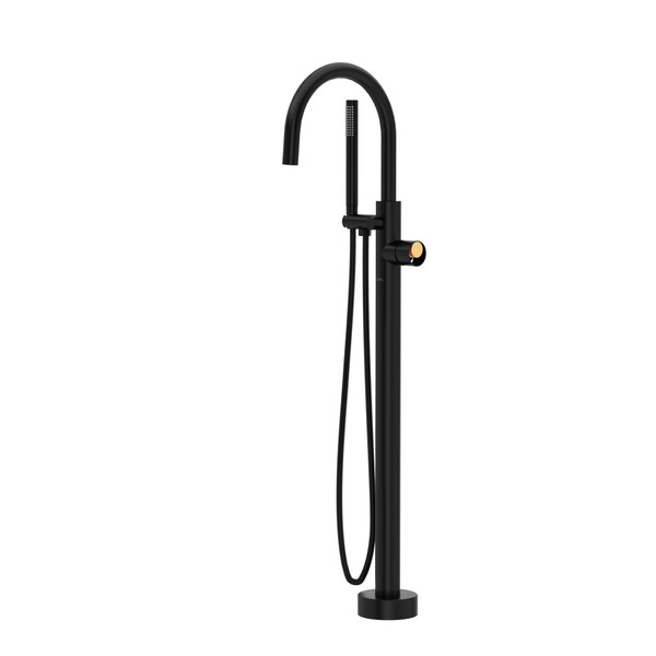 Eclissi Single Hole Floor Mount Tub Filler Trim With C-Spout - Matte Black and Satin Gold | Model Number: TEC06HF1IWMBG - Product Knockout