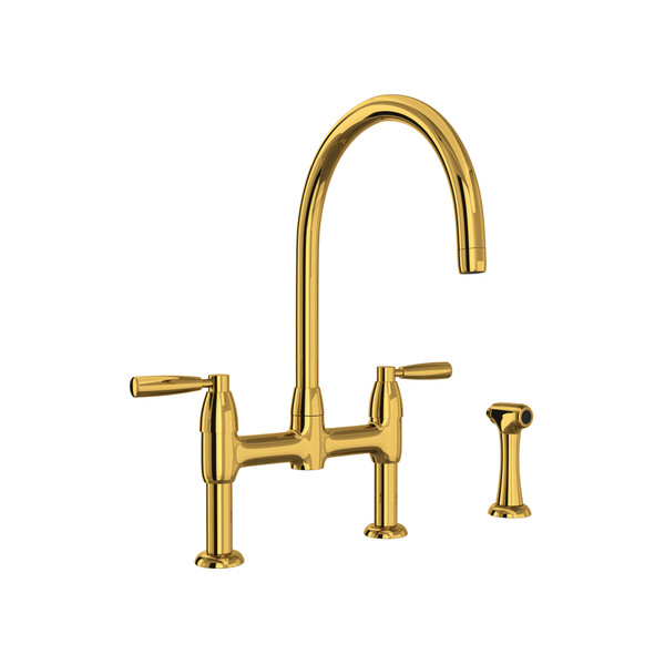 Holborn Bridge Kitchen Faucet with Sidespray - Unlacquered Brass with Metal Lever Handle | Model Number: U.4273LS-ULB-2 - Product Knockout