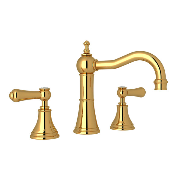 Georgian Era Column Spout Widespread Faucet - Unlacquered Brass with White Porcelain Lever Handle | Model Number: U.3723LSP-ULB-2 - Product Knockout