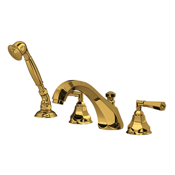 Palladian 4-Hole Deck Mount Tub Filler with Handshower - Unlacquered Brass | Model Number: A1904LMULB