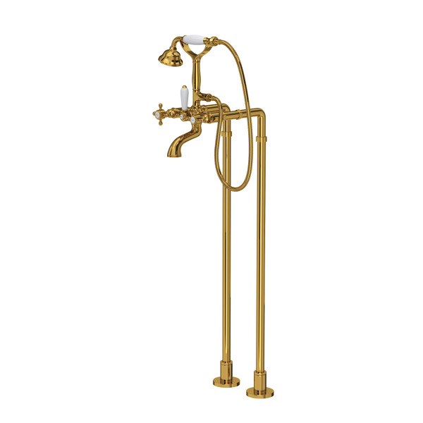 Exposed Floor Mount Tub Filler with Handshower & Floor Pillar Legs or Supply Unions - Unlacquered Brass | Model Number: AKIT1401NXMULB