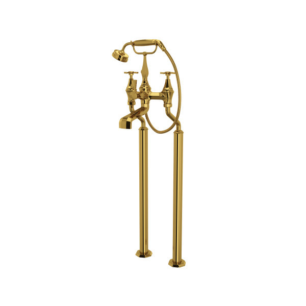 Deco Exposed Floor Mount Tub Filler with Handshower - English Gold with Cross Handle | Model Number: U.3121X/1-ULB