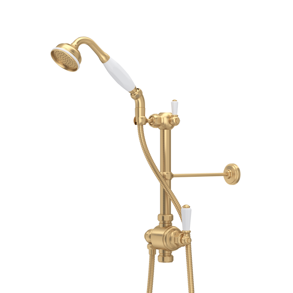 Edwardian Riser Diverter, Handshower, Handshower Holder, Hose and 8" Thermostatic Outlet - Satin English Gold | U.5373NSEG
