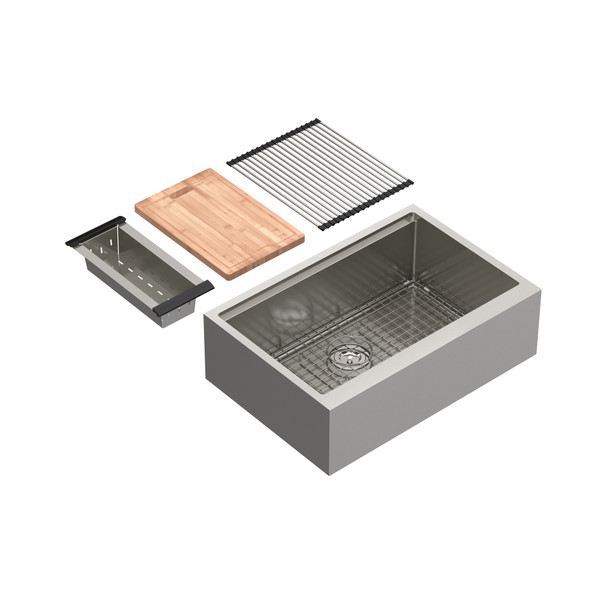 Culinario™ 30" Stainless Steel Apron Front Chef/Workstation Sink With Accessories - Brushed Stainless Steel | Model Number: RUWAF3020WSSB