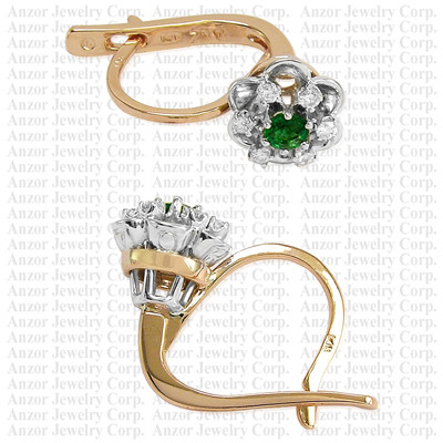 Russian style Earrings Emerald and Diamond 14k E1152