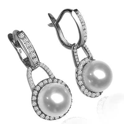 Russian Jewelry Diamond Pearl Earrings 14k Gold E1381