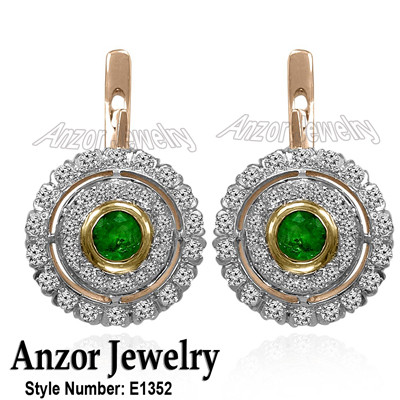 Russian Jewelry Emerald & Diamond Earrings 14K E1352