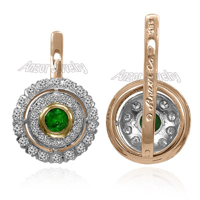 Russian Jewelry Emerald & Diamond Earrings 14K E1352