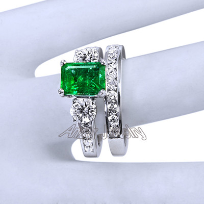 2pcs emerald bridal set vintage round emerald engagement ring set rose –  Ohjewel