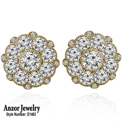 14k Solid Yellow Gold Flower design Diamond Earrings #E1463