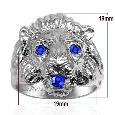 Heavy Men's Ring 14k Solid White Gold Genuine Sapphire Lion Ring size 7 to 14 