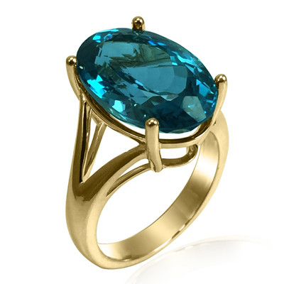14K Solid Yellow Gold Oval Cut Genuine Blue Topaz Ring R2065