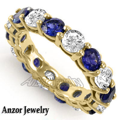 14k Solid Yellow Gold Diamond and Blue Ceylon Sapphire  Eternity Wedding Band.<br>Upgrade diamond available.