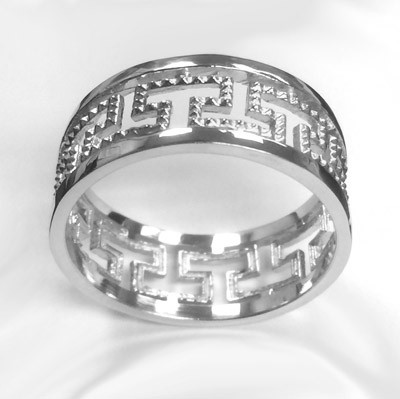 Men's 14k Solid White Gold Greek Key Ring #R2137