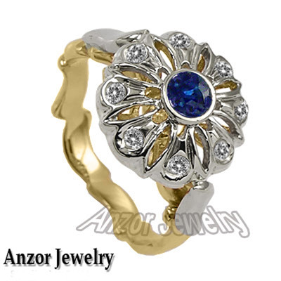 14k Solid Two-Tone Gold Diamond and Sapphire Engagement Ring 585