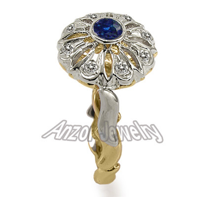14k Solid Two-Tone Gold Diamond and Sapphire Engagement Ring 585